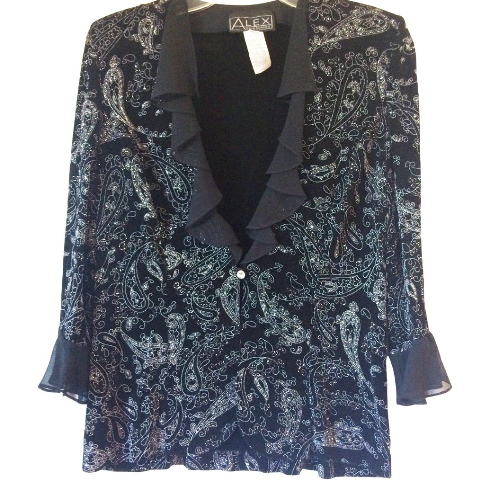 Alex Evenings, one button, paisley glitter slinky jacket sz M